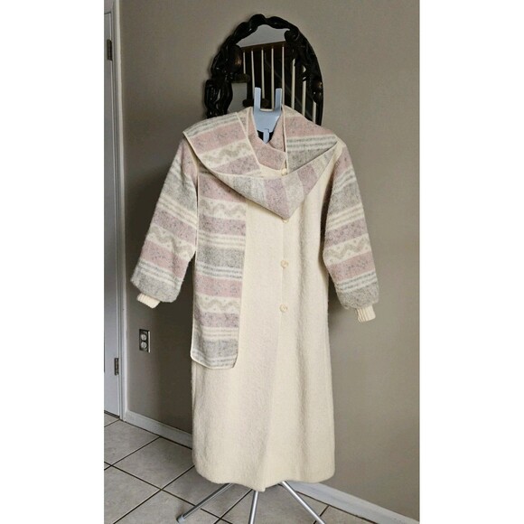 Vintage 80s Hilda Ltd Iceland Boiled Wool Maxi Long Coat Scarf Set S Nordic - Picture 1 of 14